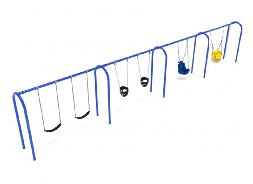 Multi-bay commercial swing set combining belt swings, bucket seats, adaptive seats, and nest swings to accommodate a wide range of users.